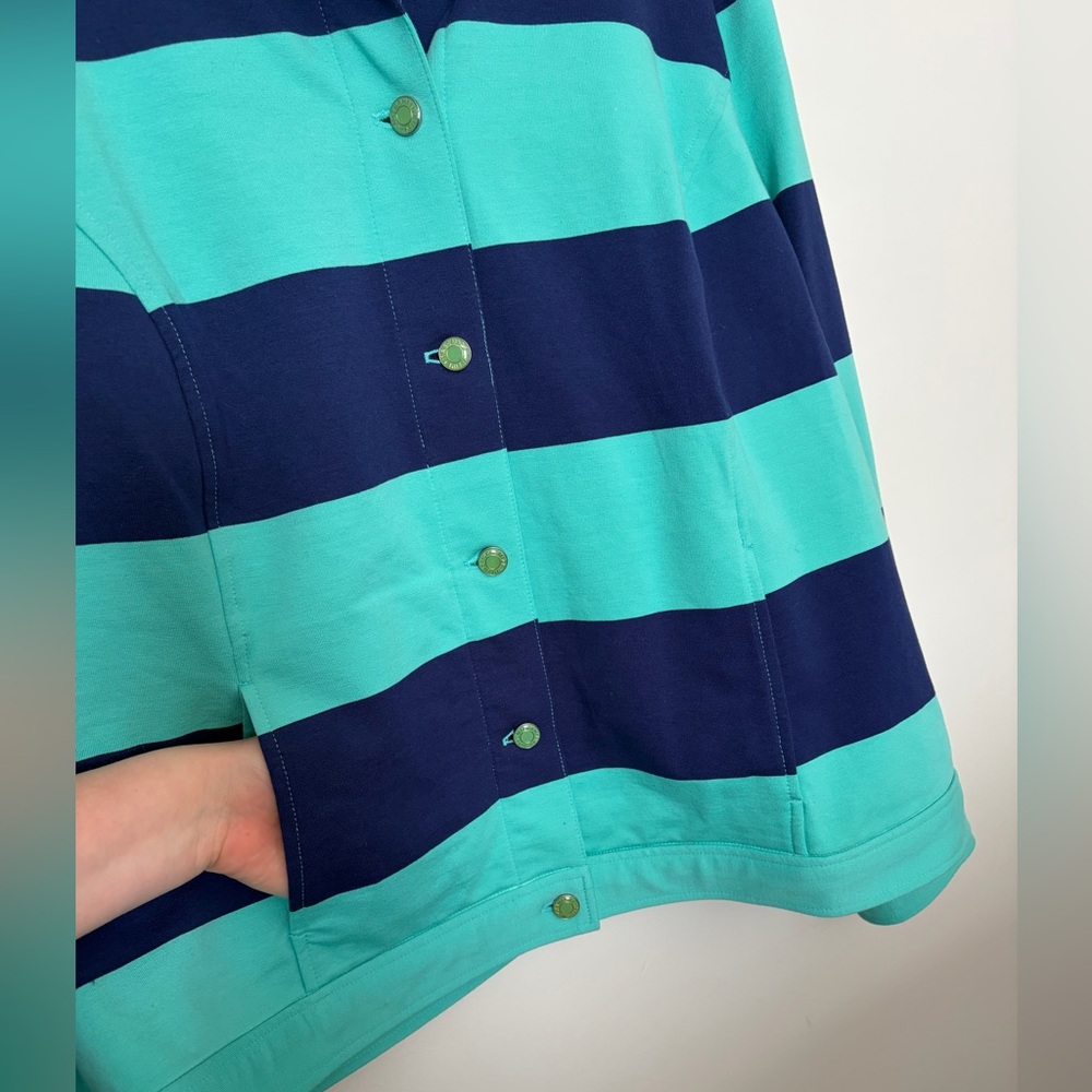 Rugby Striped Cotton Blend Knit Turquoise and Navy Striped Jacket - Picture 4 of 6